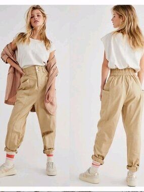Free People Pants Women’s Large Ready to Run Cinch Waist High Rise Khaki